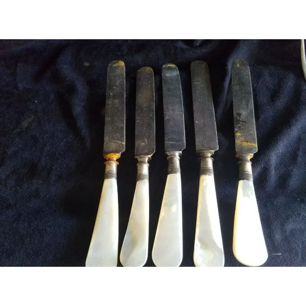 ANTIQUE SHEFFIELD A.1.PLATE 5 Knifes + 3 Forks MOTHER PEARL HANDLE STERLING CAP